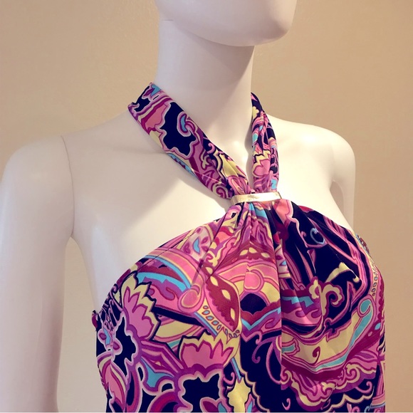 JLO Jennifer Lopez Summer Halter Top Womens Medium Psychedelic Pink Black Yellow - Picture 2 of 10